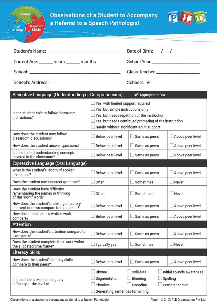 Student Observations to Accompany a Speech Pathologist Referral