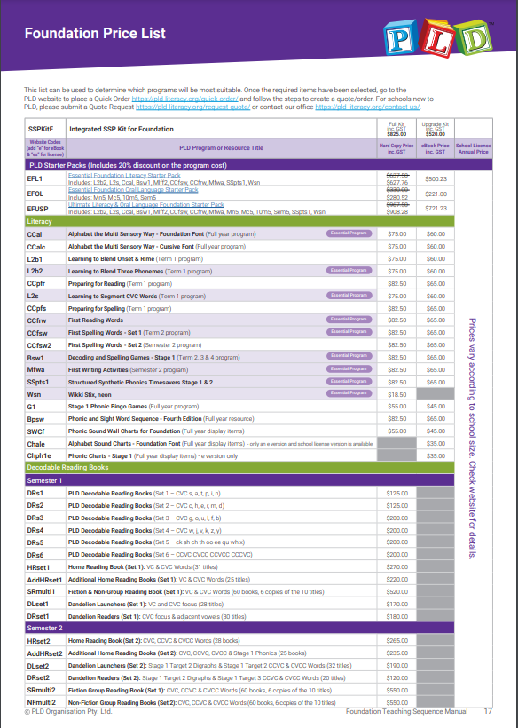 Foundation Programs & Resources Price List